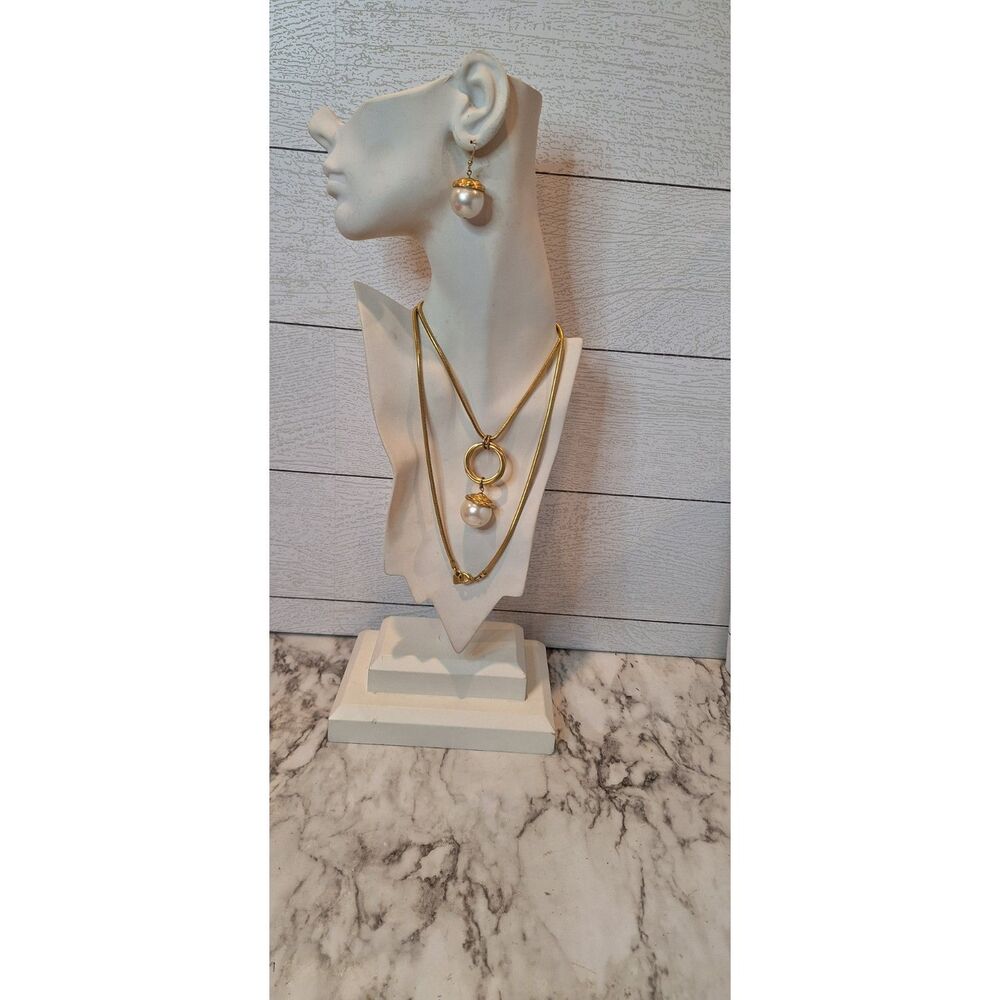 Anne Klein Vintage Faux Pearl Earrings and Pendant Necklace Gold Tone